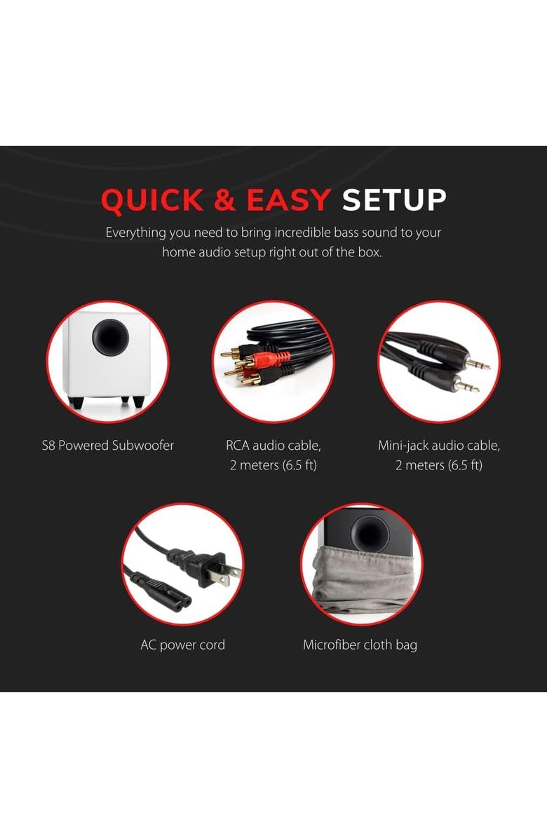 Audioengine S8 250 Watt 8in Powered Subwoofer, Alternate, color, White