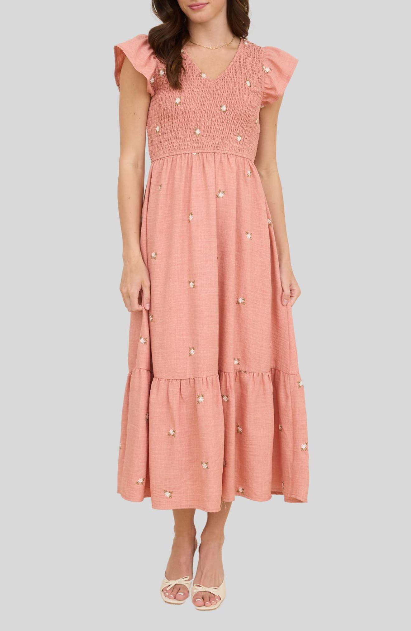 Blu Pepper Floral Embroidered Cap Sleeve Midi Dress