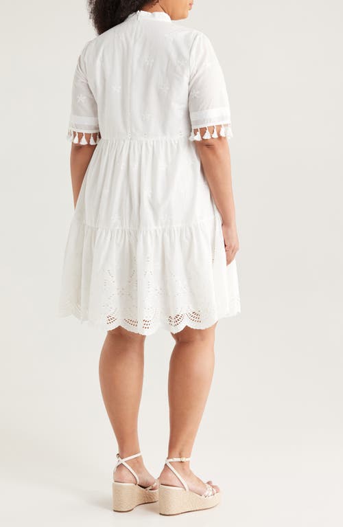 Tahari Asl Eyelet Embroidery Tiered Cotton Shift Dress In Ivory