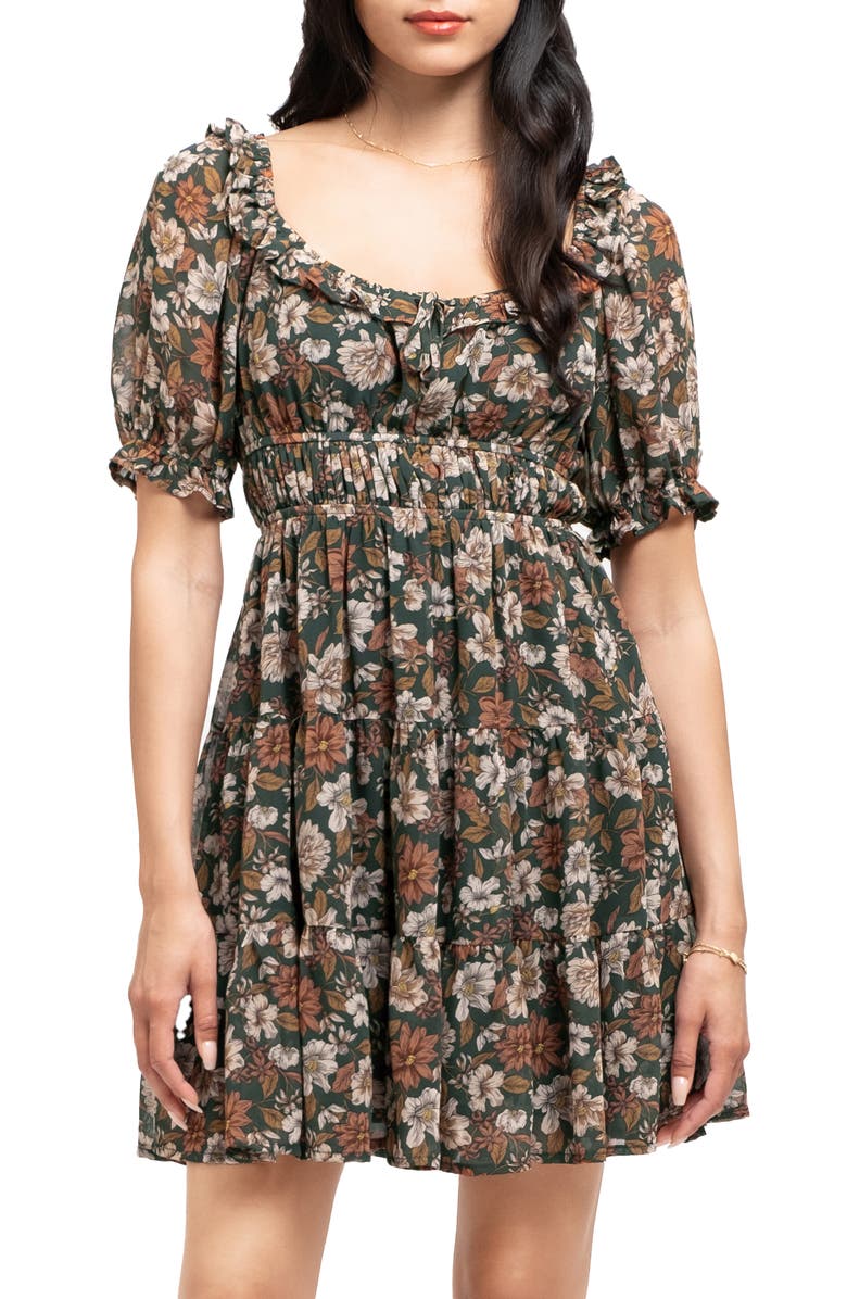 AUGUST SKY Floral Empire Waist Dress, Alternate, color, Hunter Green Multi