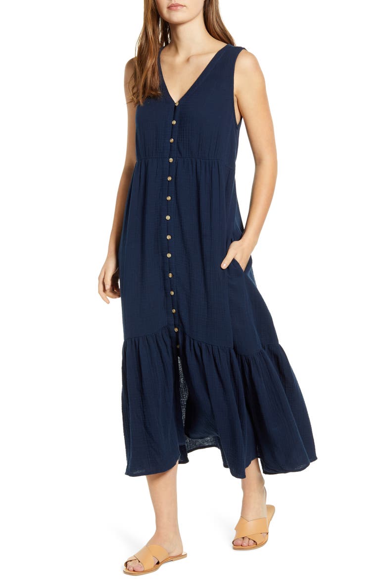 Lexa Sleeveless Cotton Double Cloth Midi Dress, Main, color, NAVY