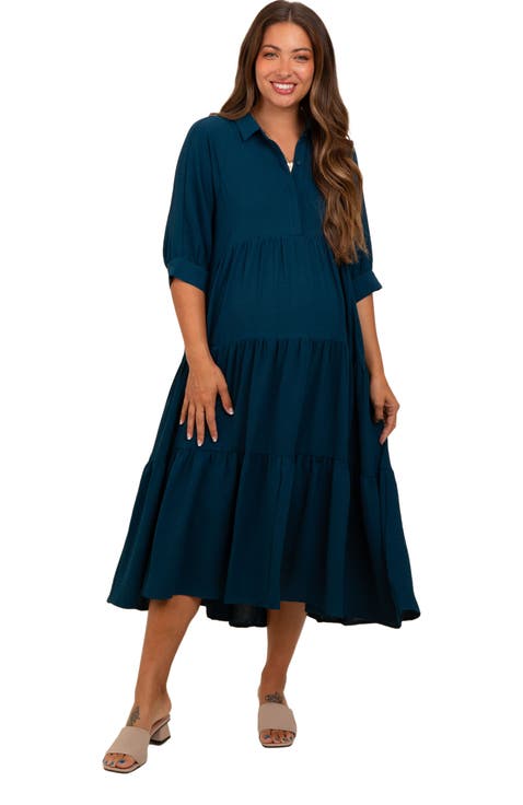 Collared Button Up Tiered Midi Dress