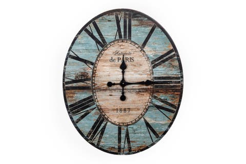 Decorative Oval Wood Wall Clock With Distressed Finish, Turquoise
