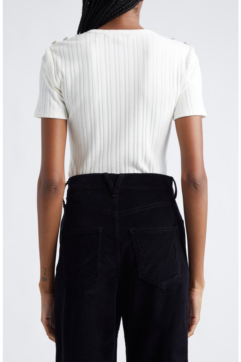 Draya Rhinestone Button Detail Rib Stretch Cotton Top, Alternate, color, WHITE
