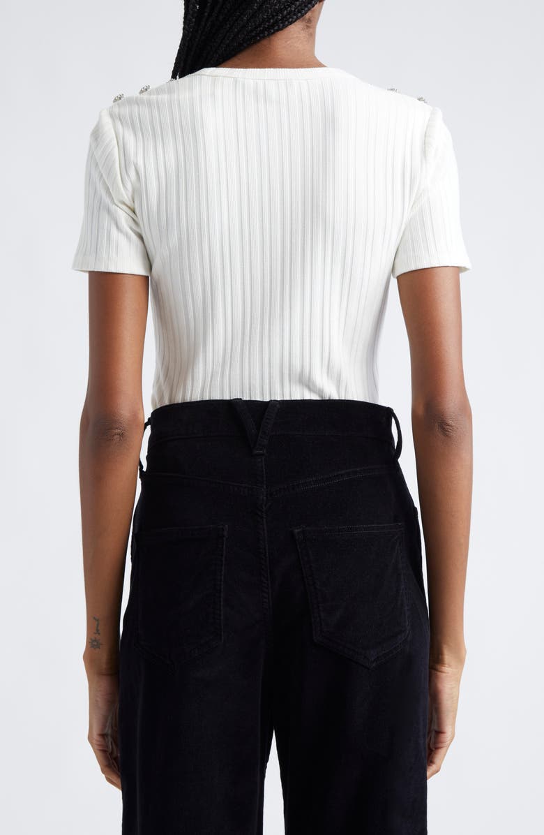 Veronica Beard Draya Rhinestone Button Detail Rib Stretch Cotton Top, Alternate, color, White