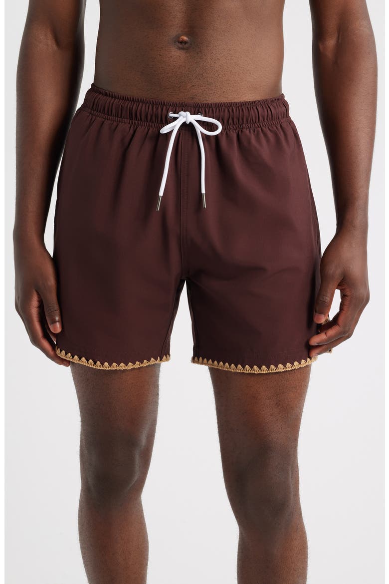 Espresso Stitch Waterproof Swim Trunks, Main, color, BROWN