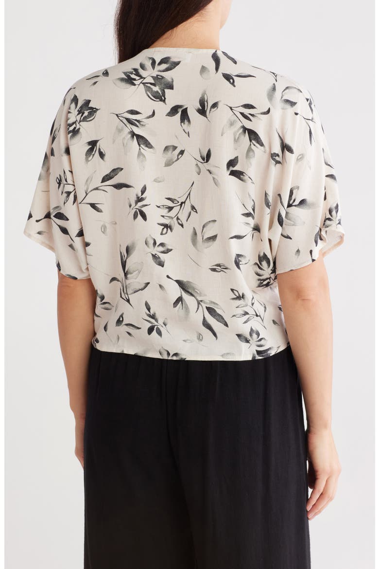 Floral Short Sleeve Tie Front Crop Top, Alternate, color, BLACK