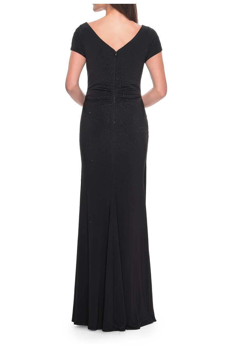 La Femme Long Jersey Evening Dress with Rhinestone Details, Alternate, color, Black