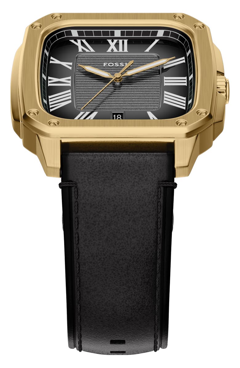 Fossil Crosby Leather Strap Watch, 42mm x 30mm, Alternate, color, Black