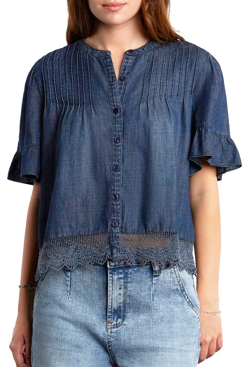 Pleat Button-Up Top, Main, color, DUSK DENIM