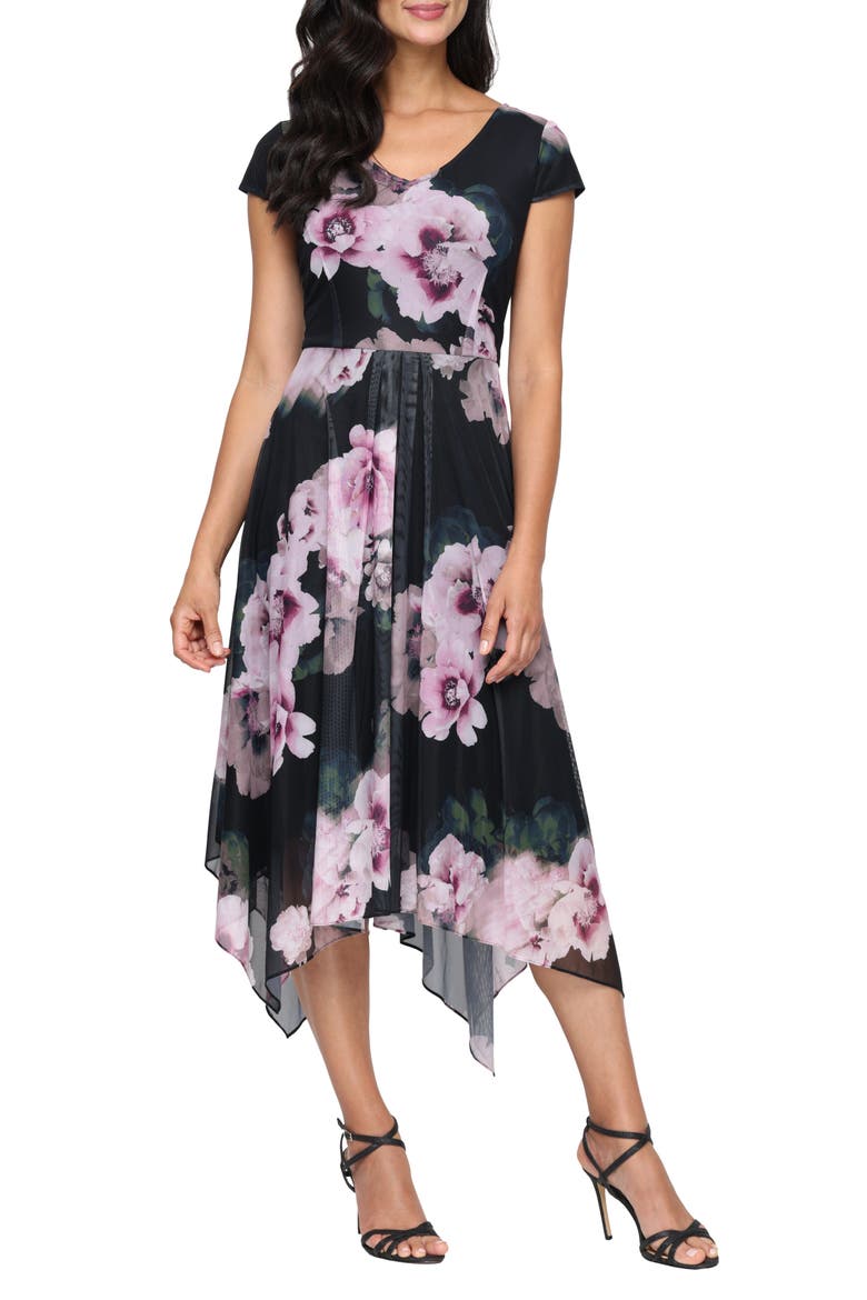 Floral Cap Sleeve Mesh Midi Dress, Main, color, BLACK MULTI