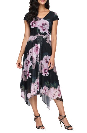 Sl Fashions Floral Cap Sleeve Mesh Midi Dress In Multi