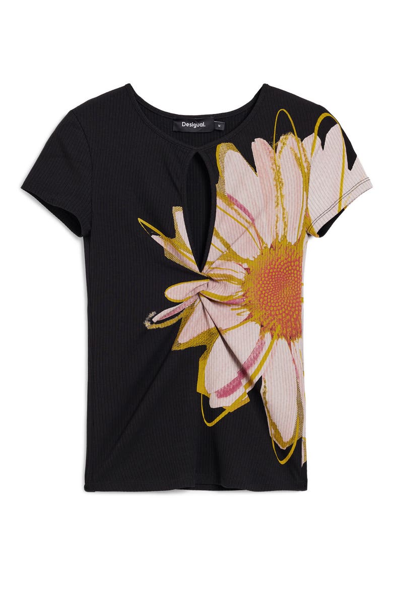 Floral Keyhole Rib T-Shirt, Alternate, color, BLACK