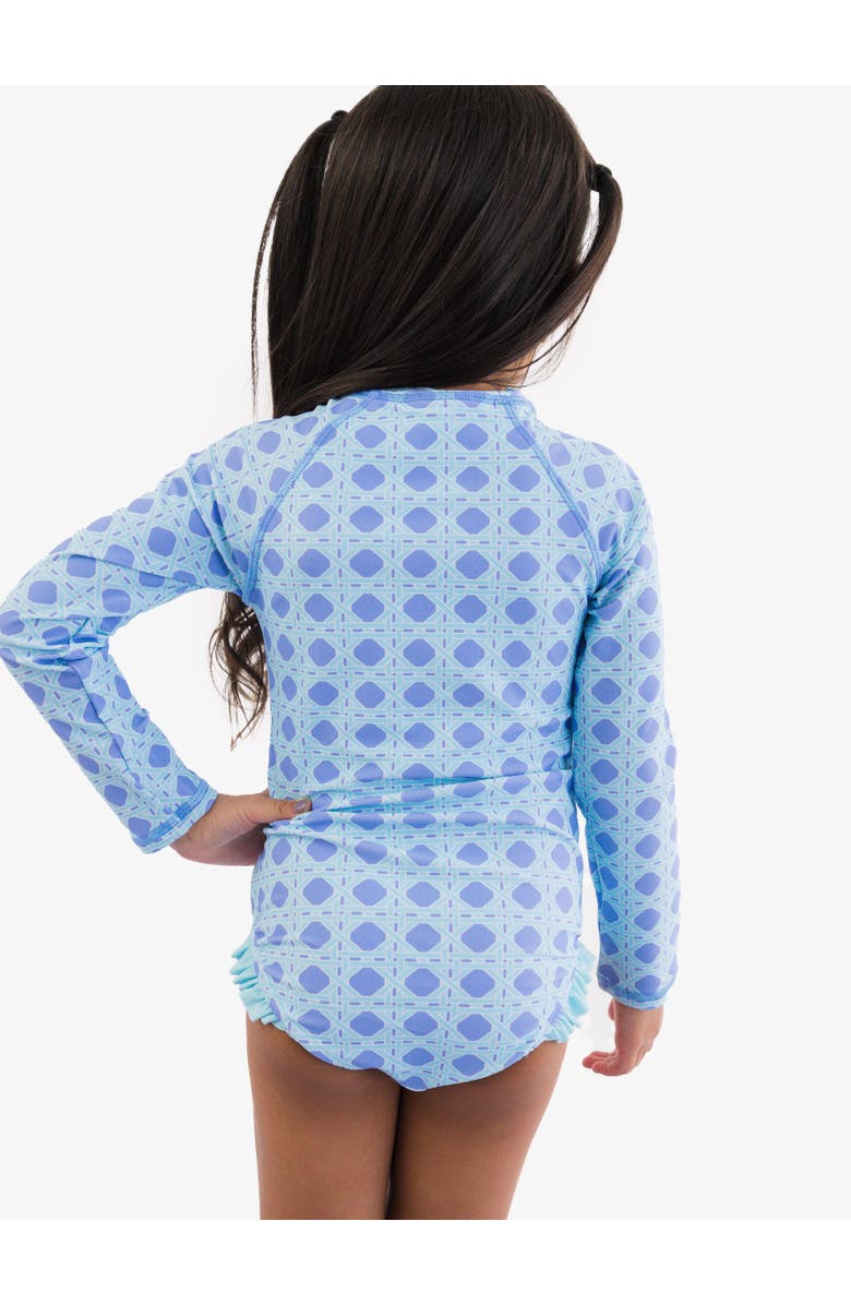 RuffleButts Girls UPF50+ Sun Protection Long Sleeve Rash Guard One Piece, Alternate, color, Periwinkle Blue Coastal Cane