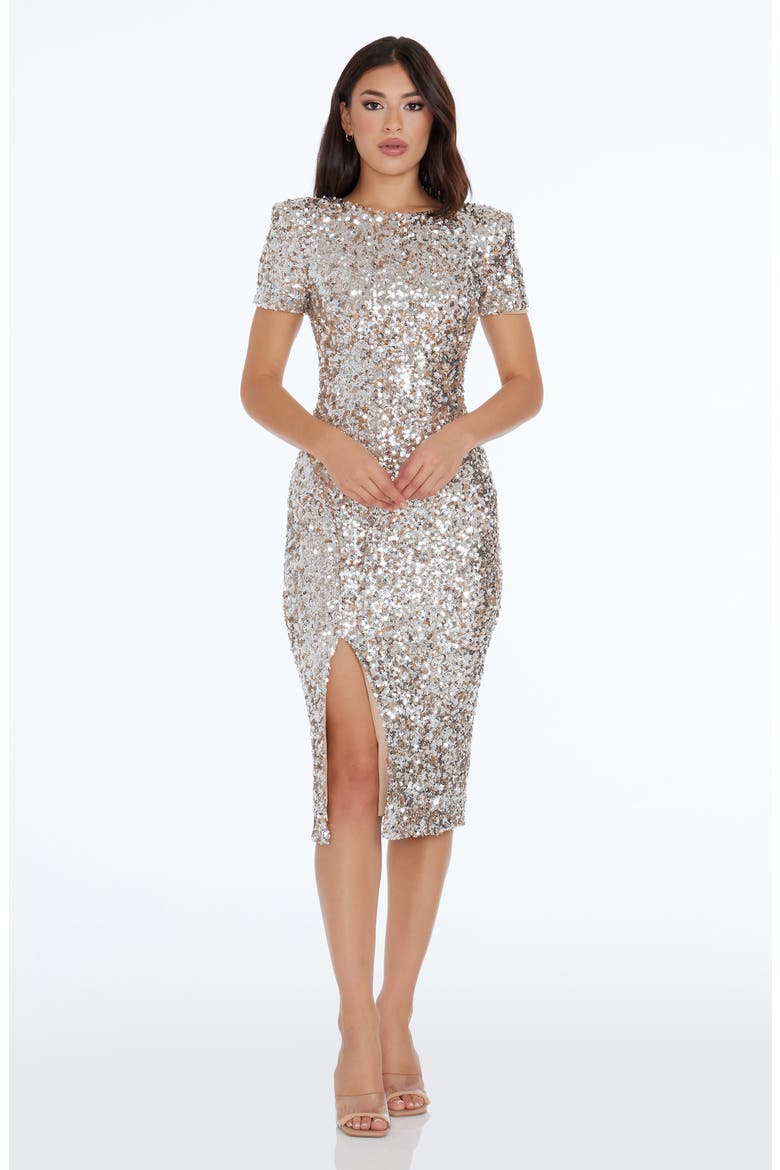 Natasha Sequin Sheath Midi Dress, Alternate, color, SILVER
