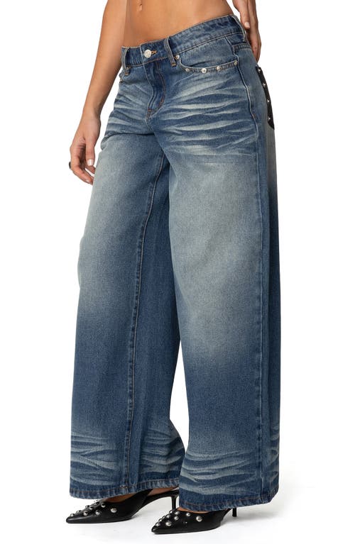 Shop Edikted Faux Leather Pocket Low Rise Wide Leg Jeans In Blue