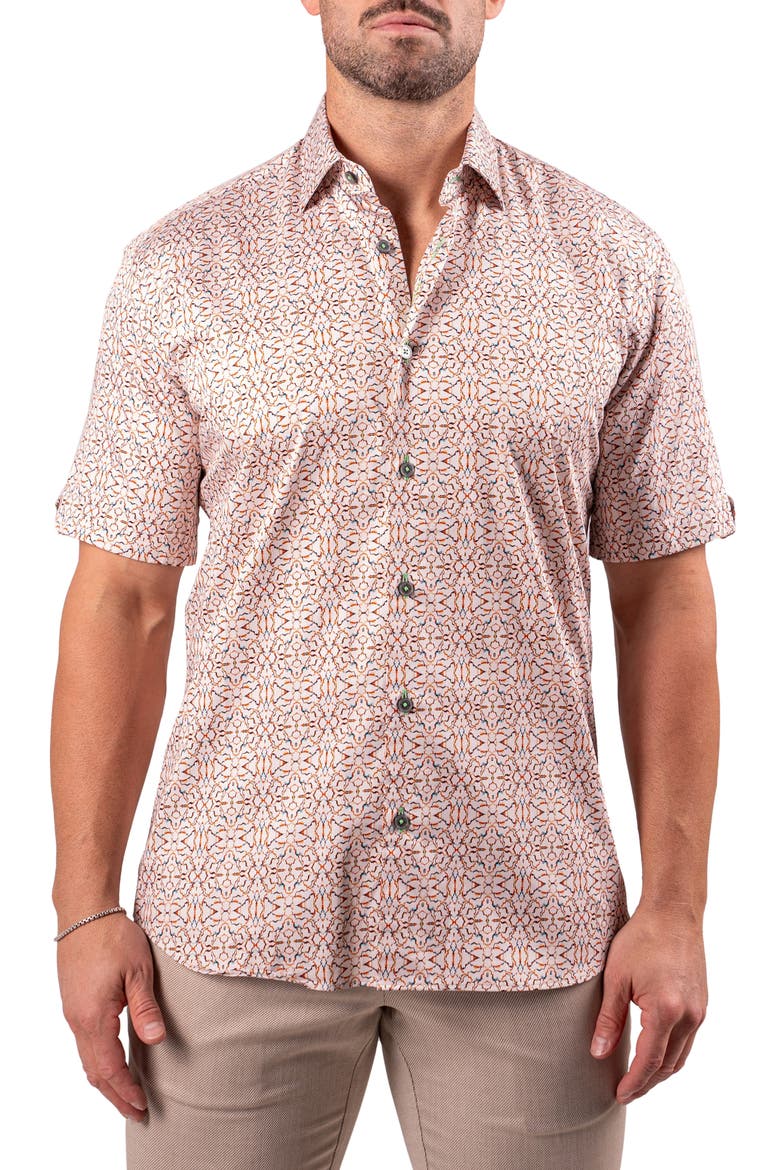 Galileo Resistance2202 Brown Short Sleeve Cotton Button-Up Shirt, Main, color, BROWN
