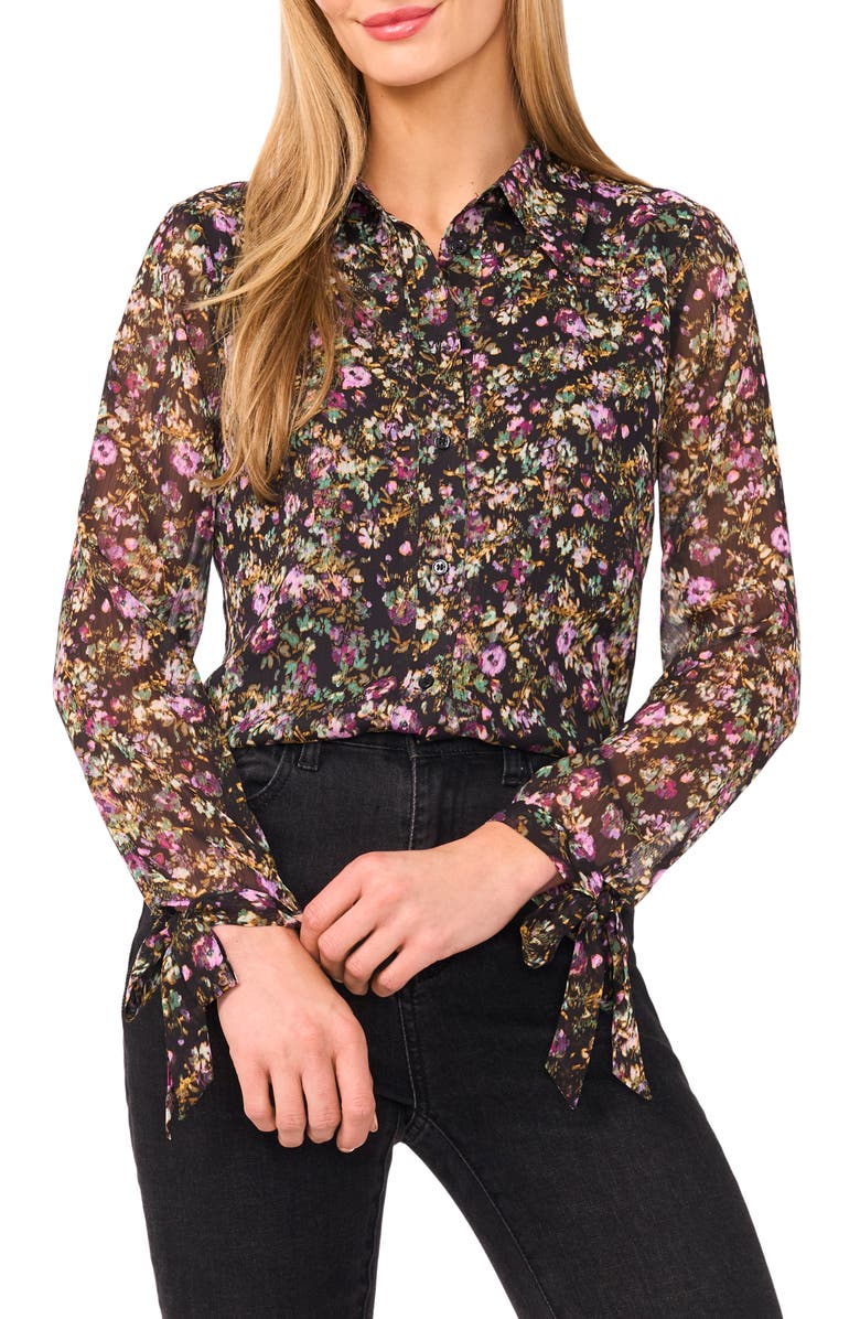 CeCe Floral Button-Up Shirt, Main, color, Rich Black