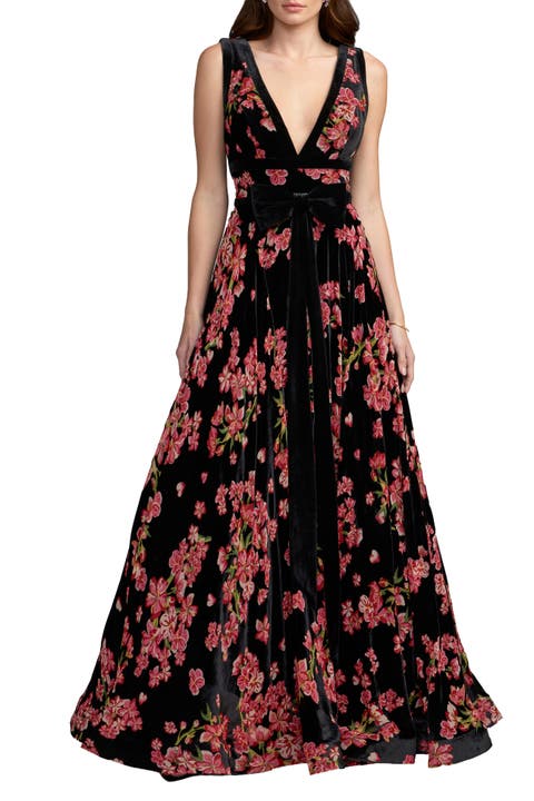 Floral Velvet A-Line Gown with Bow