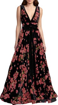 Mac Duggal Floral Velvet A-Line Gown with Bow