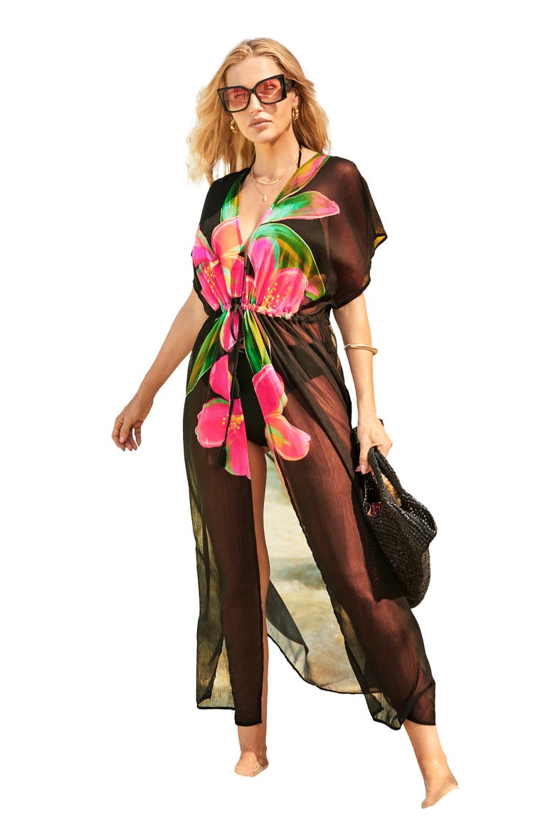 Open Front Tie Waist Maxi Cover Up, Main, color, Pink Floral Blooms