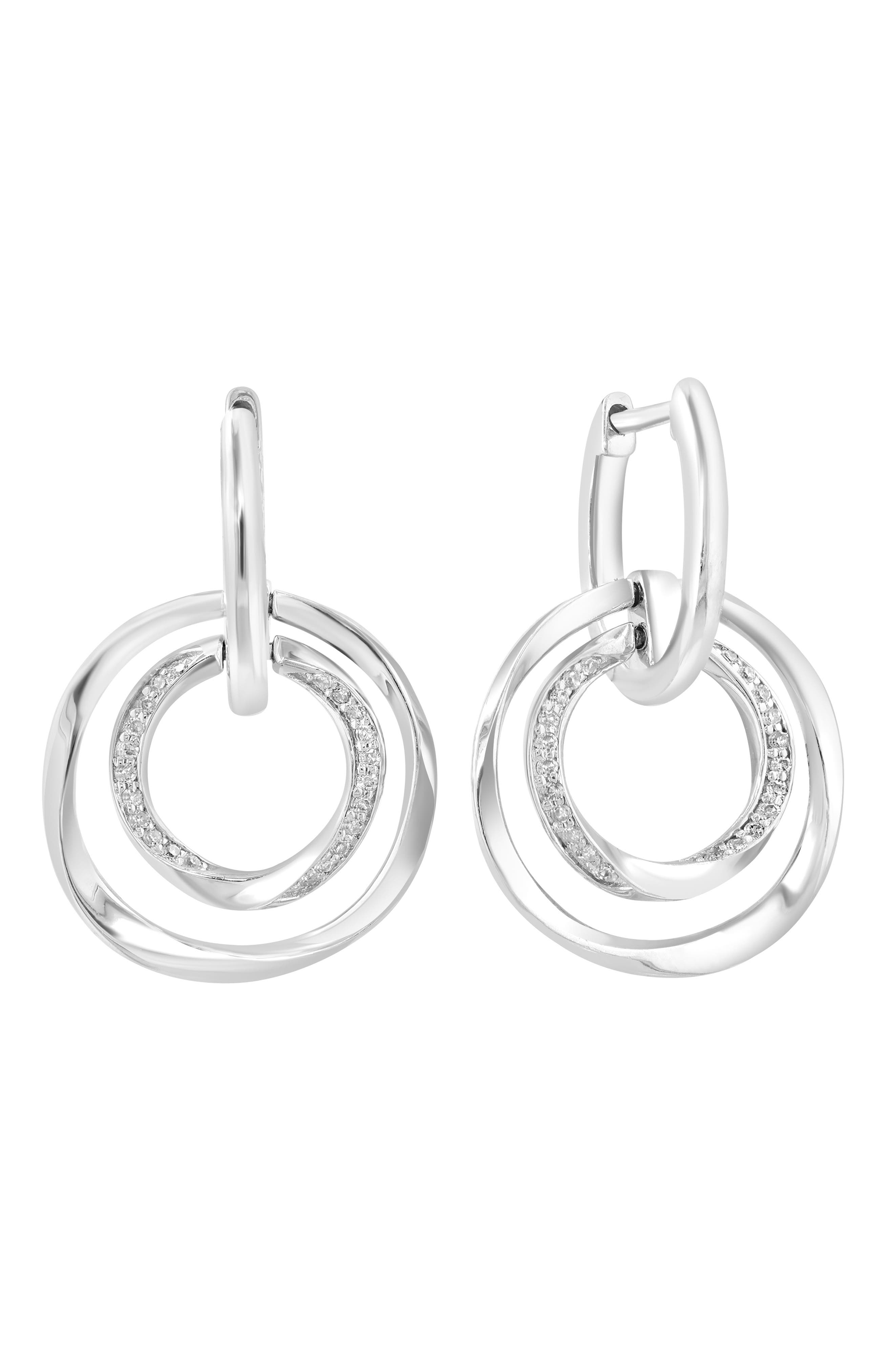 EFFY Sterling Silver Diamond Orbital Circle Drop Huggie Hoop Earrings