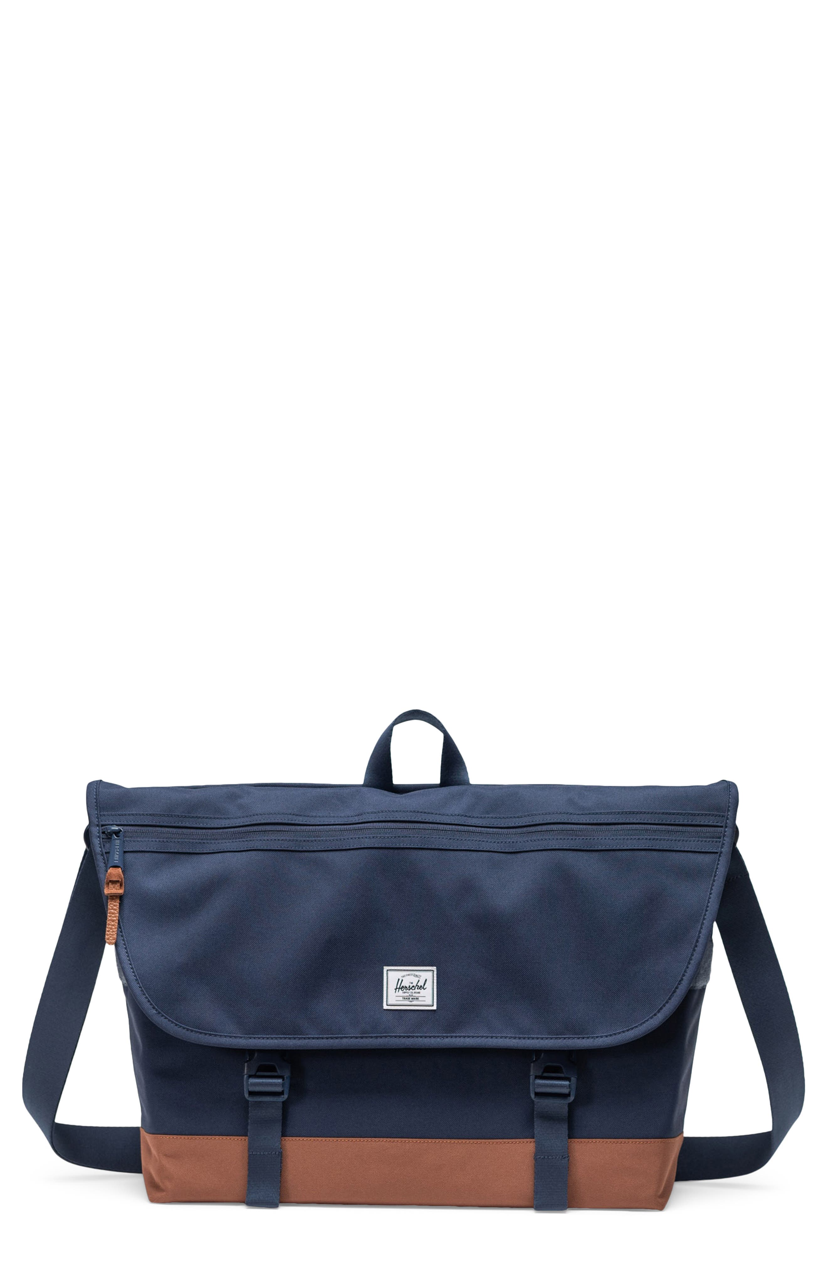 Herschel Supply Co. Cove Recycled Polyester Messenger Bag, Main, color, Navy/Saddle Brown