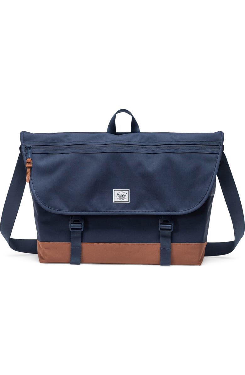 Herschel Supply Co. Cove Recycled Polyester Messenger Bag, Main, color, Navy/Saddle Brown