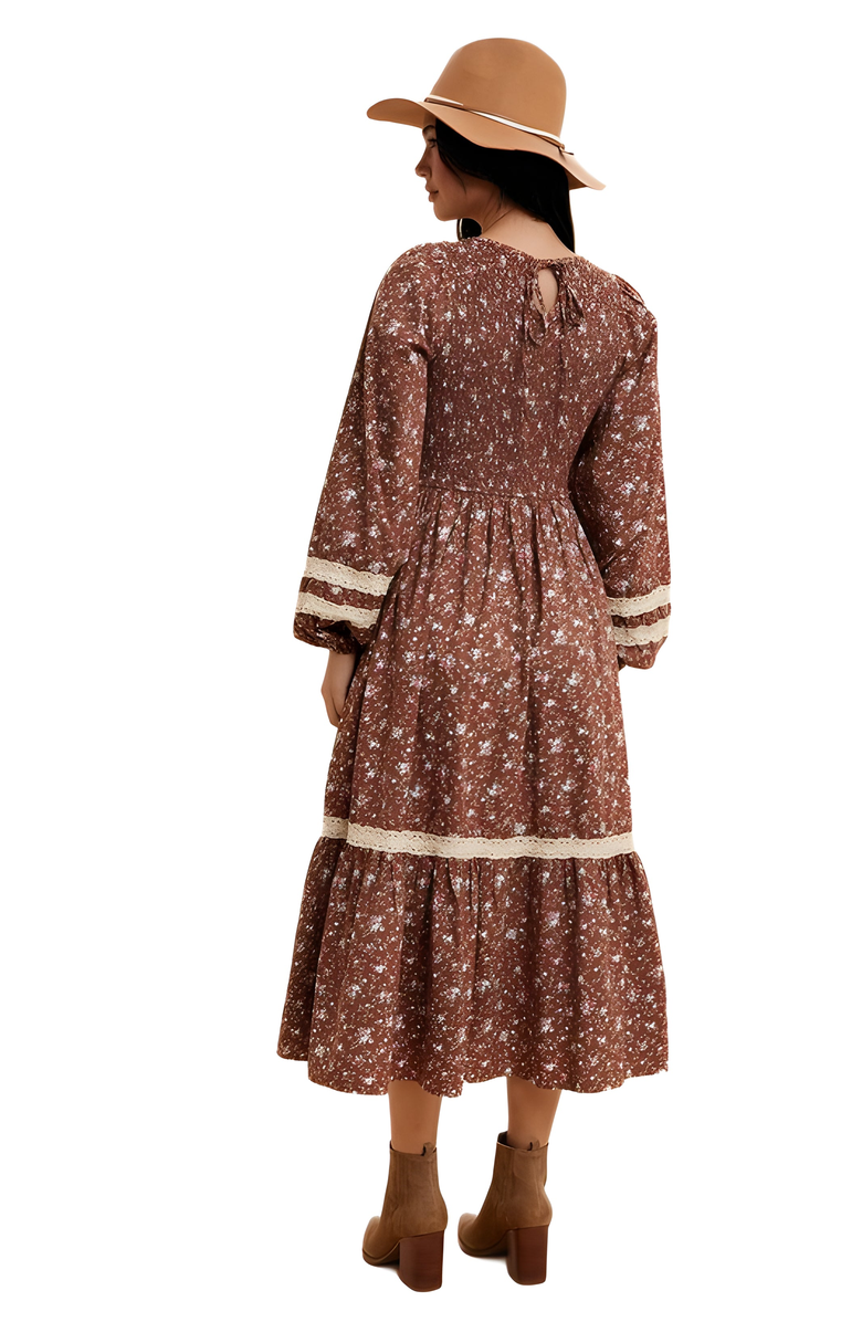 Knit and Lounge Smocked Long Sleeve Midi Dress With Lace Trim, Alternate, color,