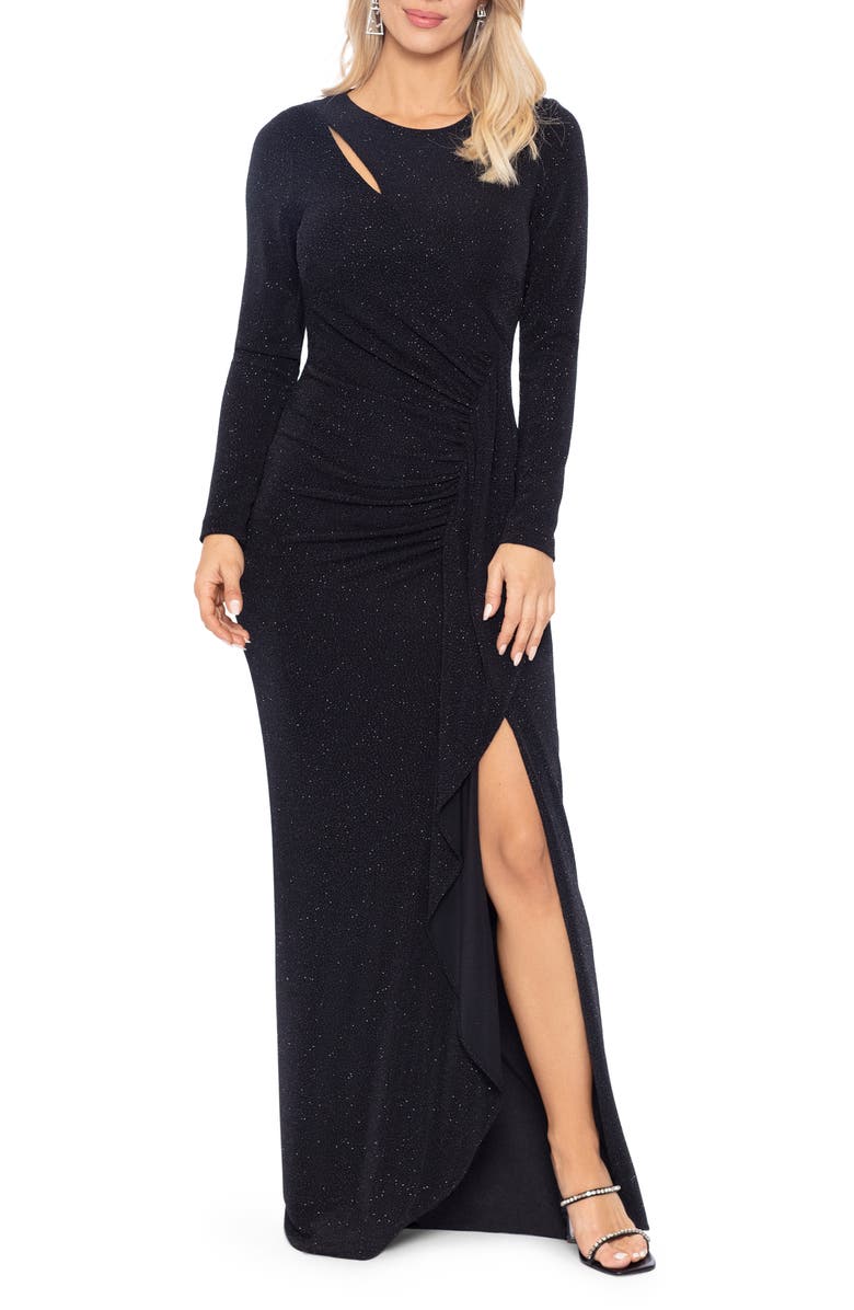 Xscape Evenings Ruched Metallic Long Sleeve Gown, Alternate, color, 