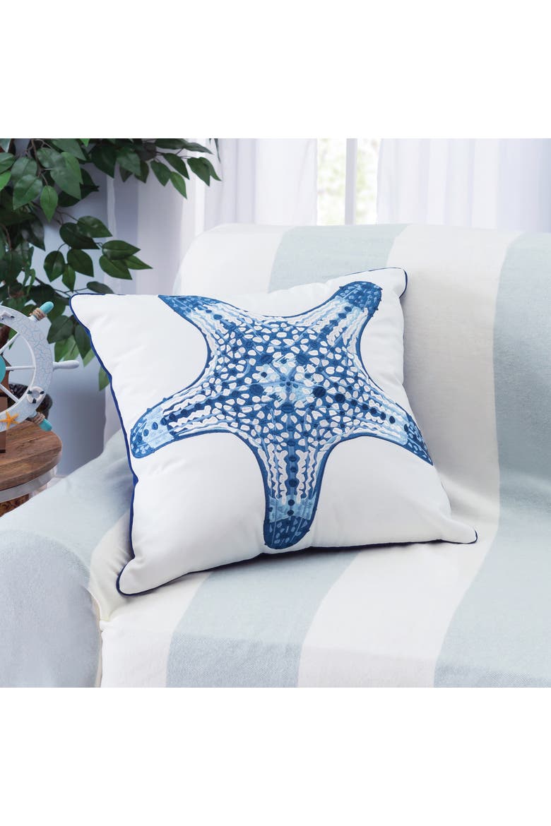 Blue Starfish Embroidered Indoor/Outdoor Accent Throw Pillow, Alternate, color, Blue