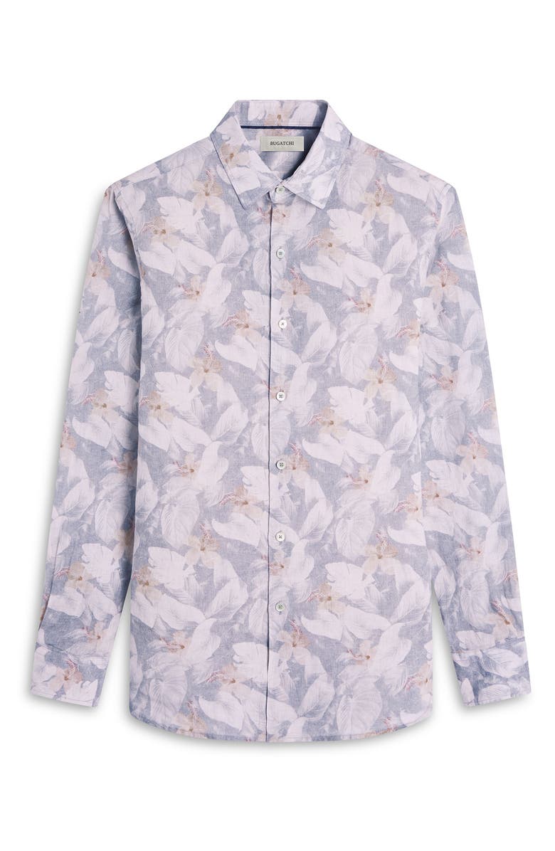 Bugatchi Julian Shaped Fit Floral Print Linen Button-Up Shirt, Alternate, color, Shark