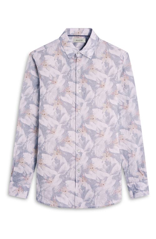 Bugatchi Julian Shaped Fit Floral Print Linen Button-up Shirt In Gray