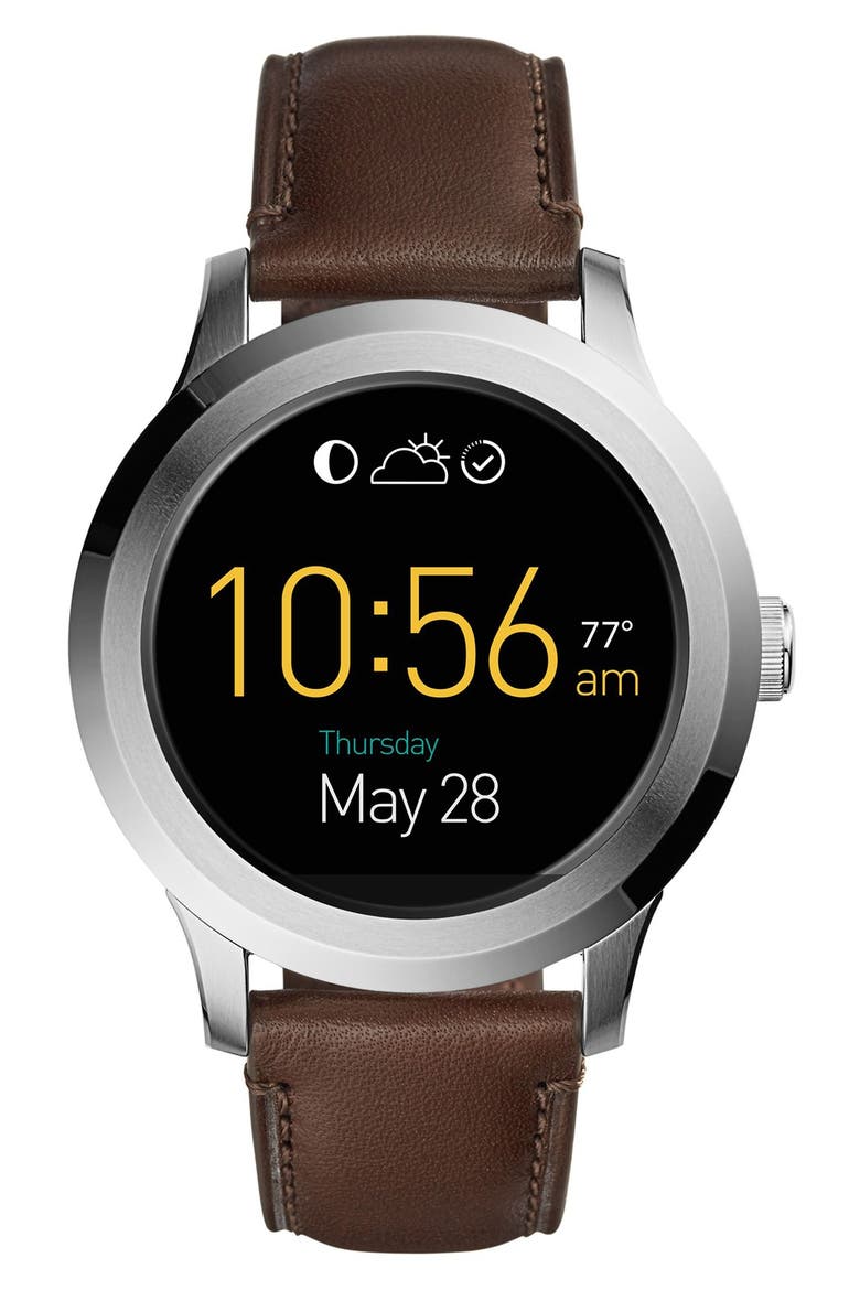 Founder Leather Strap Digital Smart Watch, 46mm, Main, color, DARK BROWN/ GREY