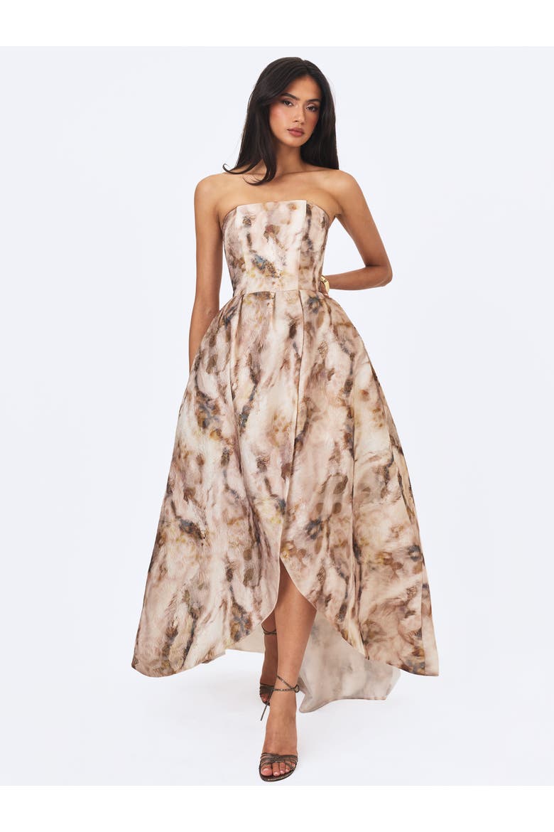 Micaela Watercolor Jacquard Chiffon Dipped Hem Gown, Alternate, color, Camel