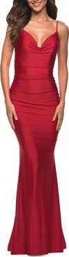La Femme Elegant Ruched Jersey Gown with Low Back