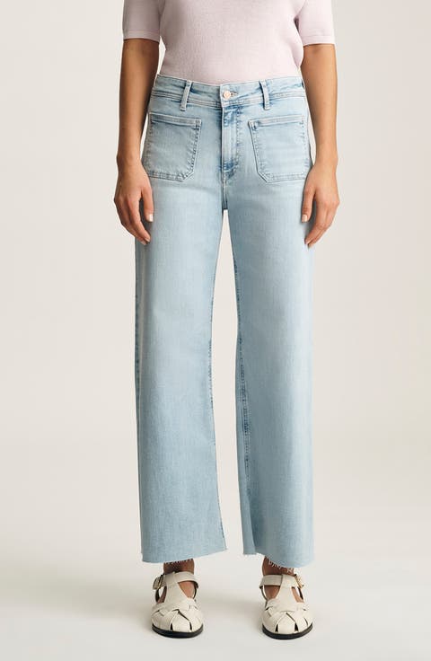 Paloma Marine Patch Pocket High Waist Raw Hem Wide Leg Jeans (Bleached Flex Blue)