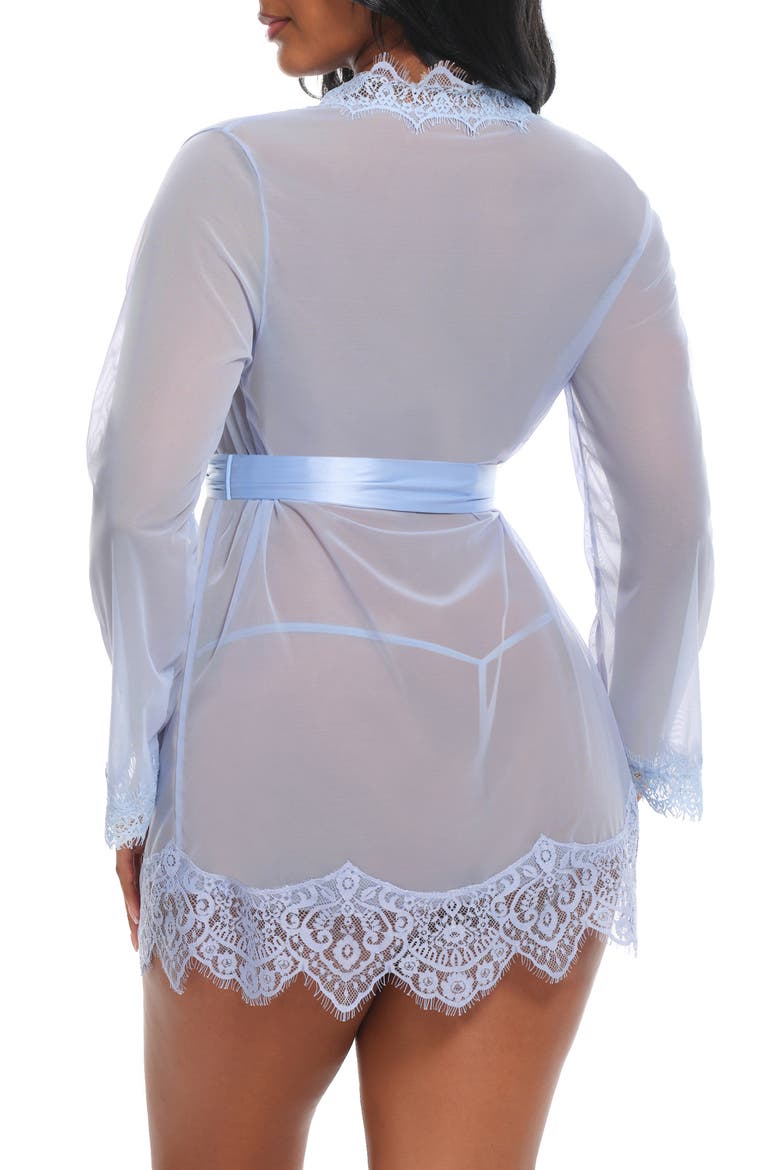 Lace Trim Mesh Robe & G-String Set, Alternate, color, BRUNNERA BLUE