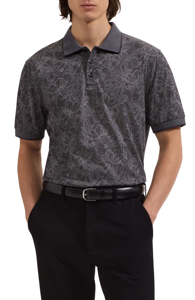 Bugatchi Three Button Floral Print Button-Up Shirt, Main, color, Black