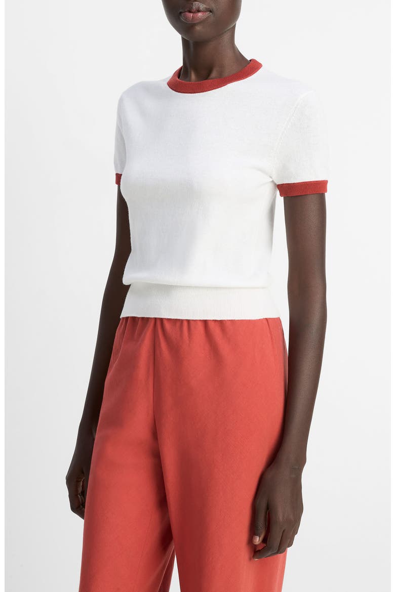 Ringer Short Sleeve Sweater, Alternate, color, OFF WHITE/ BRICK ROS