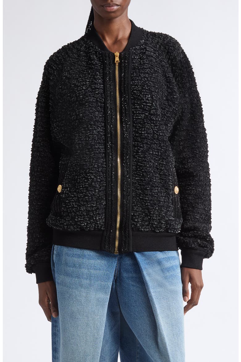 Fluffy Wool & Cotton Blend Tweed Jacket, Main, color, 0PA BLACK