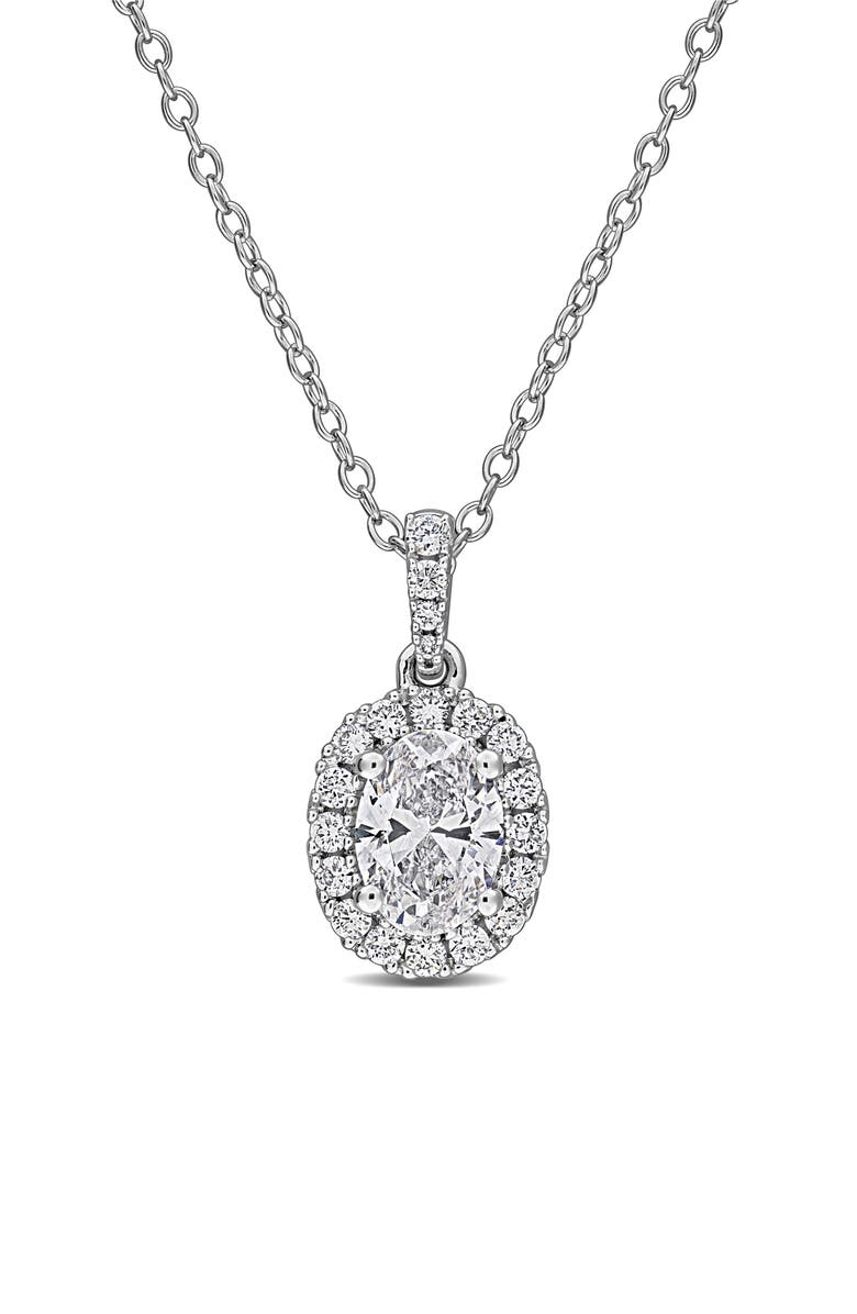 Created Forever Sterling Silver Oval Lab Grown Diamond Halo Pendant Necklace, Main, color, White