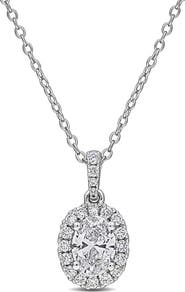 Created Forever Sterling Silver Oval Lab Grown Diamond Halo Pendant Necklace