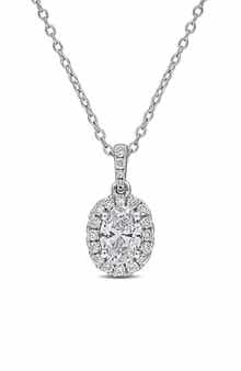 Created Forever Sterling Silver Oval Lab Grown Diamond Halo Pendant Necklace