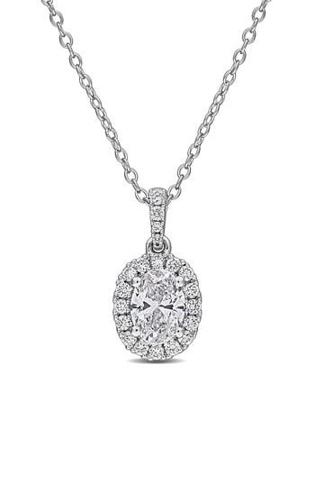 Created Forever Sterling Silver Oval Lab Grown Diamond Halo Pendant Necklace In White