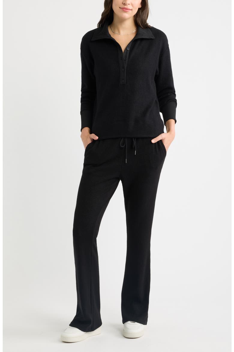 Waffle Button Front Sweatshirt, Alternate, color, BLACK