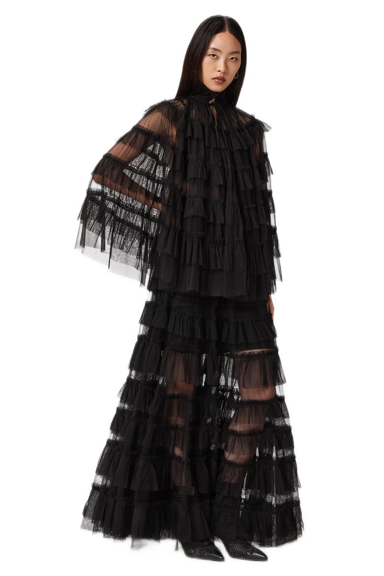 Aude Ruffle Cape, Alternate, color, BLACK