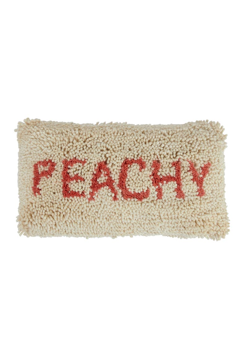Tufted Wool and Cotton Lumbar Pillow with "Peachy" Message, Cream and Red, Main, color, Ivory