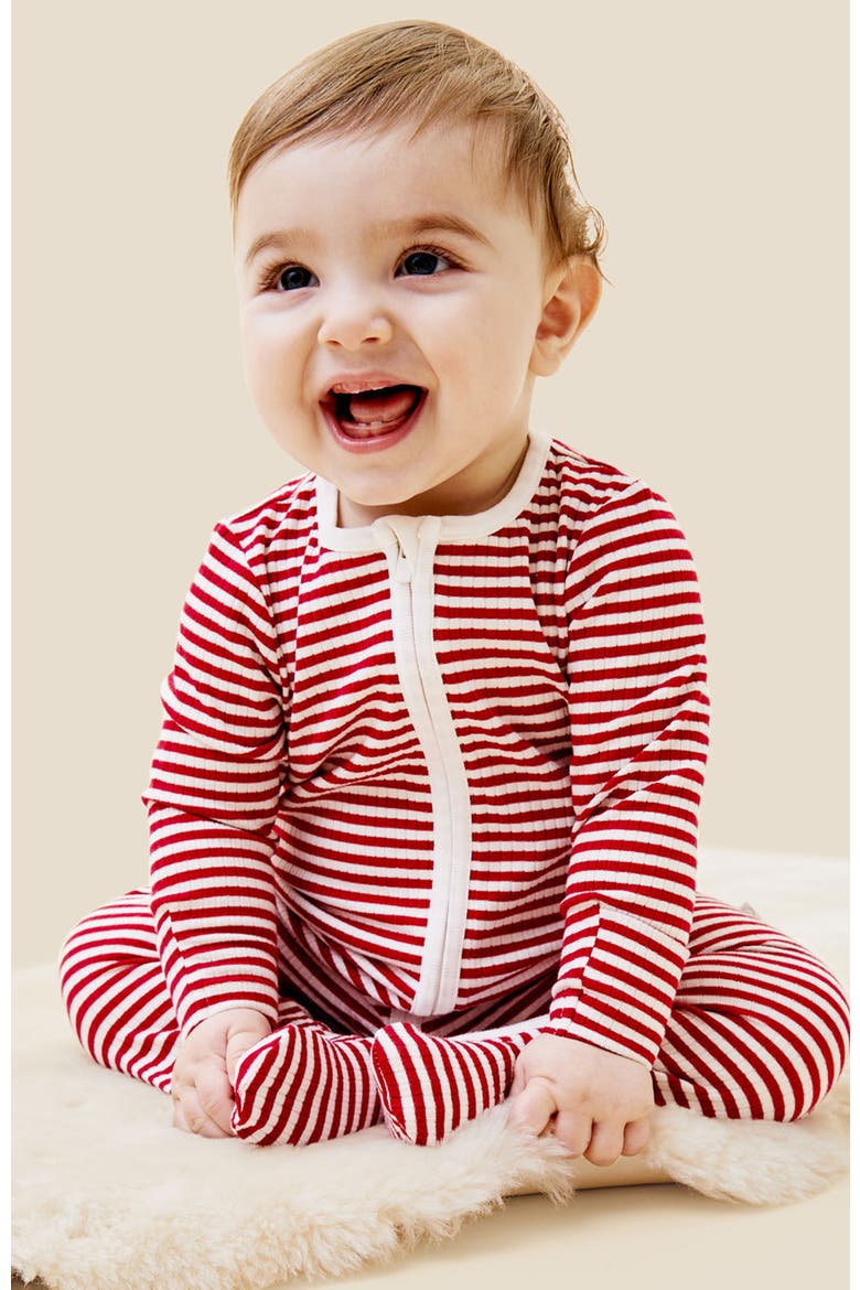Rib Fitted One-Piece Footed Pajamas, Alternate, color, RED STRIPE