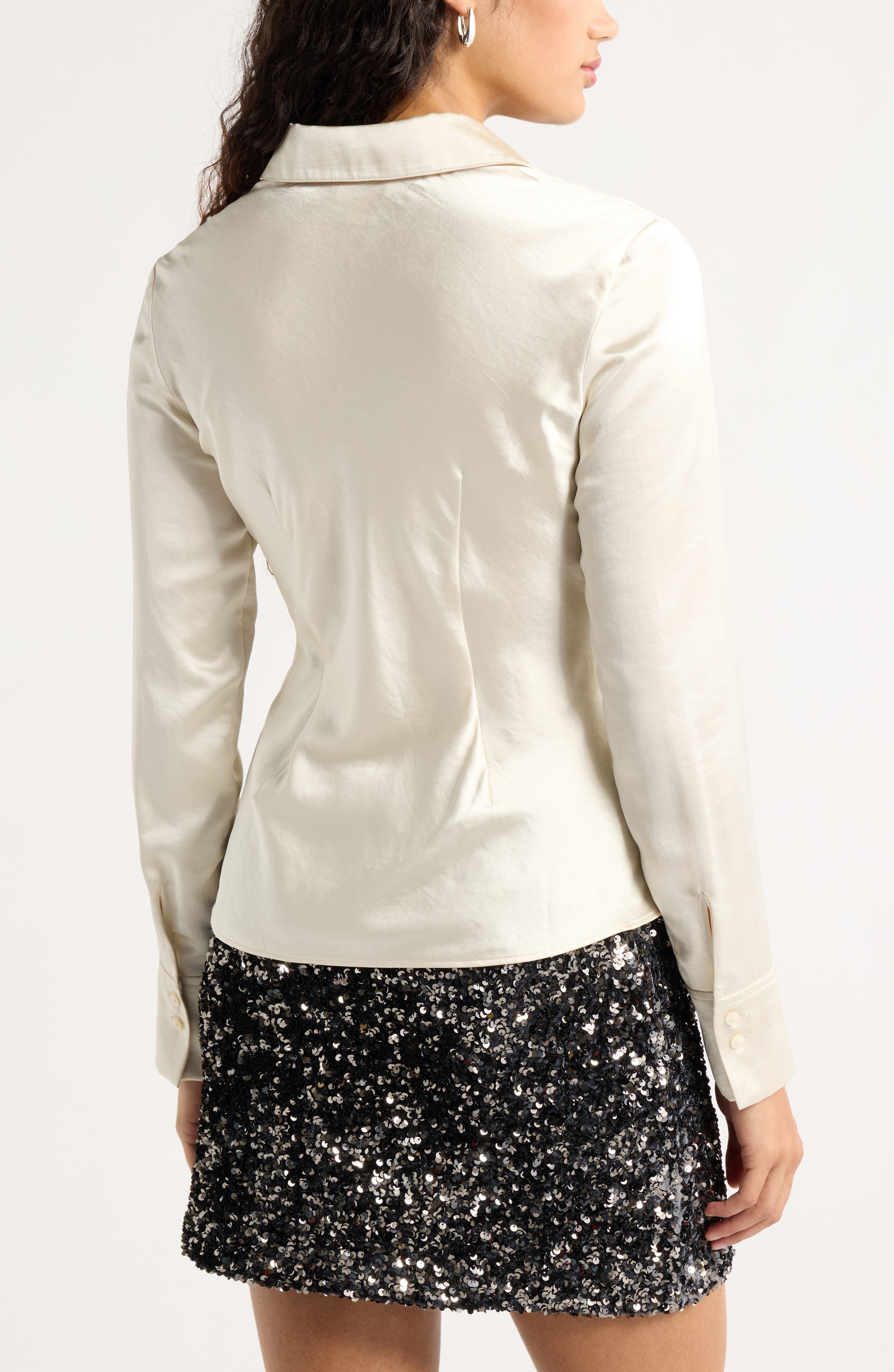 Open Edit Fitted Satin Button-Up Shirt (Women) | Nordstrom